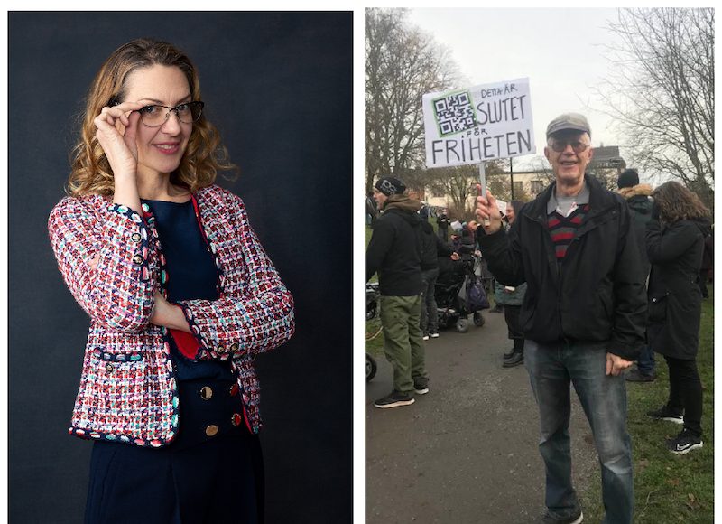 STÂNGA: Laura Ghibu, medic la Malmo. DREAPTA: tatăl ei, Emil Ștefan Ghibu, la un protest anti-vaccin, la Stockholm