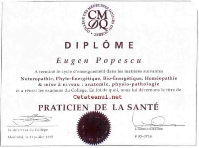 Diploma de studii în „bioenergie” și „homeopatie” obținută de Popescu în Canada