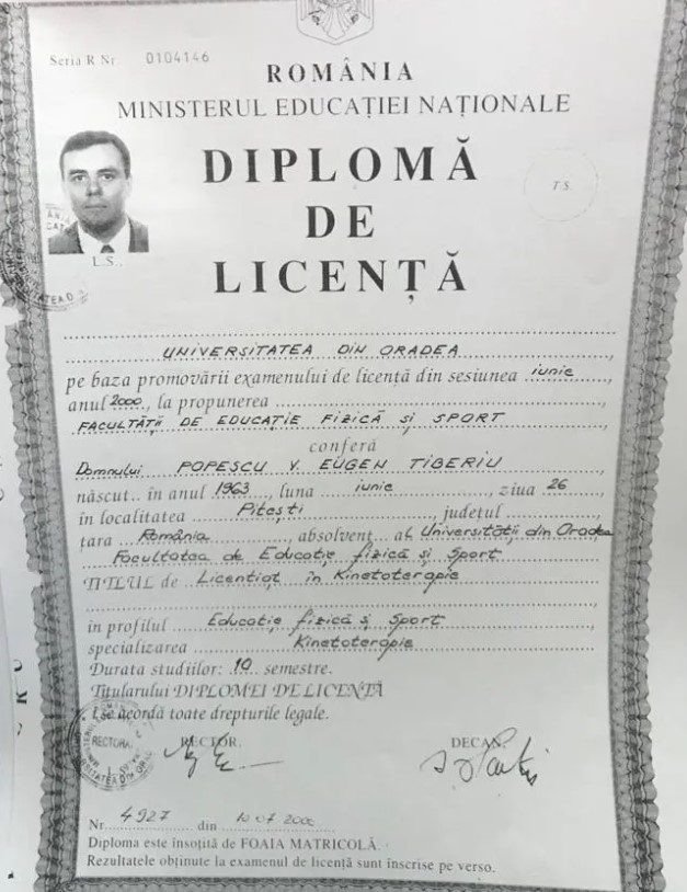 Diploma de Licență obținută de Popescu la Universitatea din Oradea