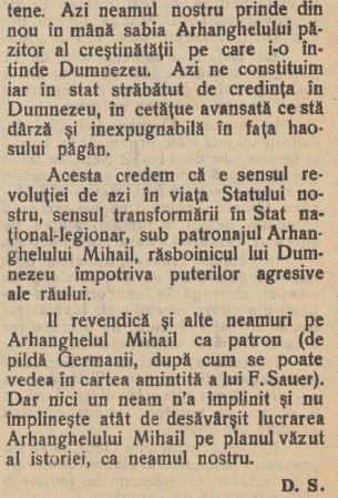 Fragment din articolul „Restaurarea Românismului în destinul său istoric” publicat de pr. prof. Dumitru Stăniloae în „Telegraful Român” (22 sept.1940) cu ocazia proclamării Statului Național Legionar