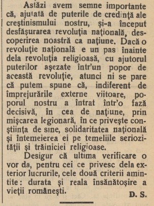 Fragment din editorialul „Revoluție Națională” publicat de pr. prof. Dumitru Stăniloae în „Telegraful Român” (20 oct.1940) ca elogiu la adresa „revoluției legionare” declanșate de Statul Național Legionar