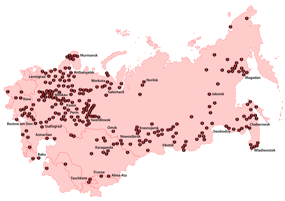 Harta coloniilor penitenciare și lagărelor de muncă forțată care au format GULAGUL sovietic. Sursa: Wikipedia