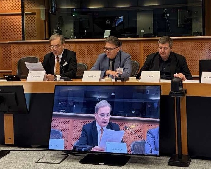 „Vlahul” Zavișa Jurj, liderul Asociației ARIADNEA FILUM (primul din dreapta), alături de Șerban-Dimitrie Sturdza, europarlamentar (ex-AUR) al partidului extremist ACT și de politicianul „vlah” Predrag Balaşevici. Sursa foto: FACEBOOK