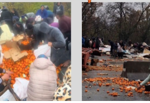 VIDEO. Un sat întreg a năvălit să adune portocalele împrăștiate dintr-un TIR răsturnat. Chiar în ziua demnității naționale!