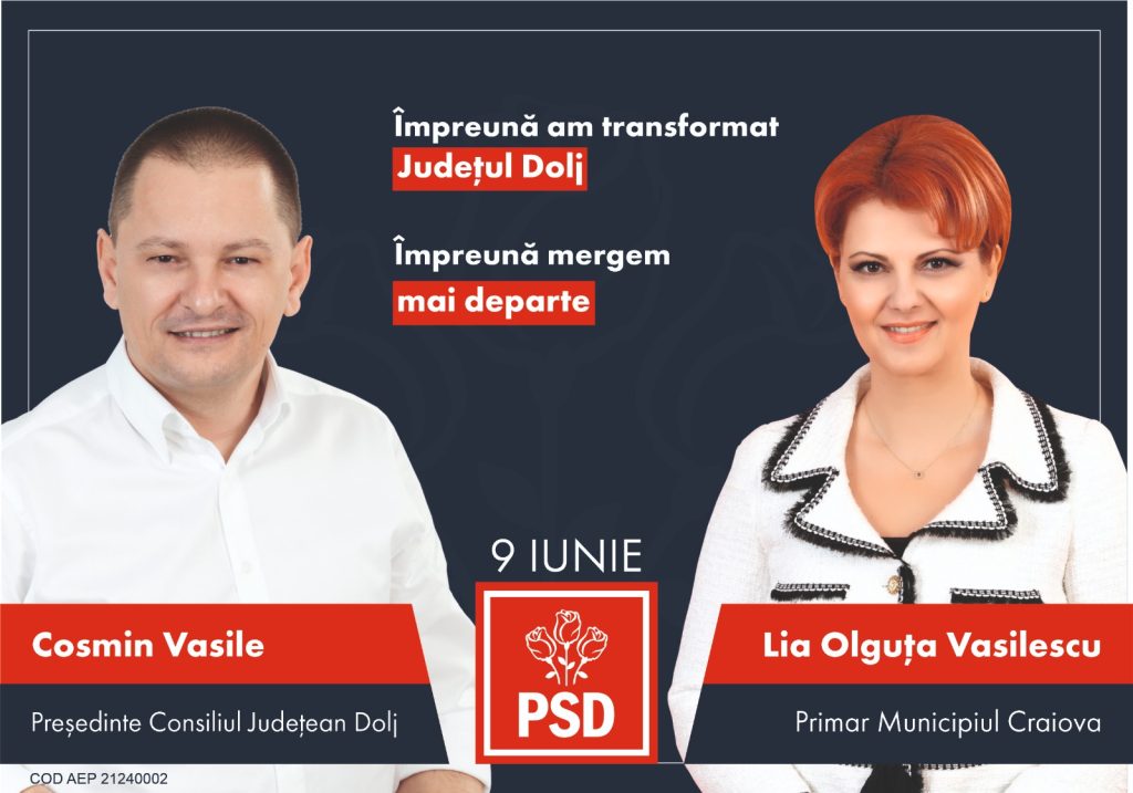 Cosmin Vasile alături de Lia Olguța Vasilescu - material electoral alegeri locale 2024. FOTO: Facebook