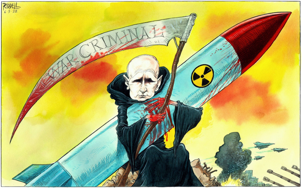 Putin - criminal de război. FOTO: Chris Riddell via The Guardian 