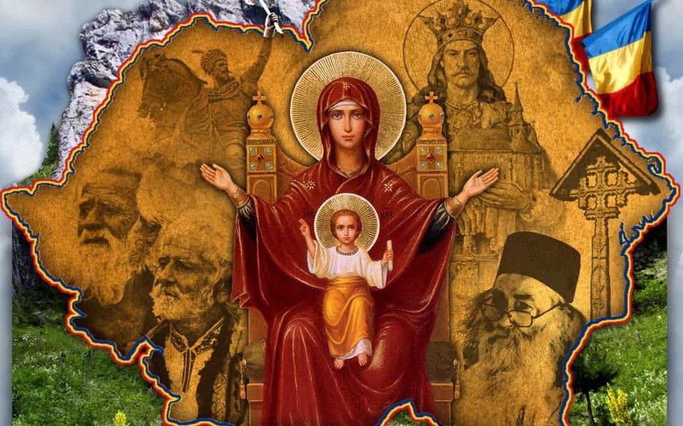 Icoană filetistă reprezentând România „Grădina Maicii Domnului” în granițele istorice; în partea din dreapta-jos a icoanei este chipul preotului legionar Iustin Pîrvu. FOTO: Facebook