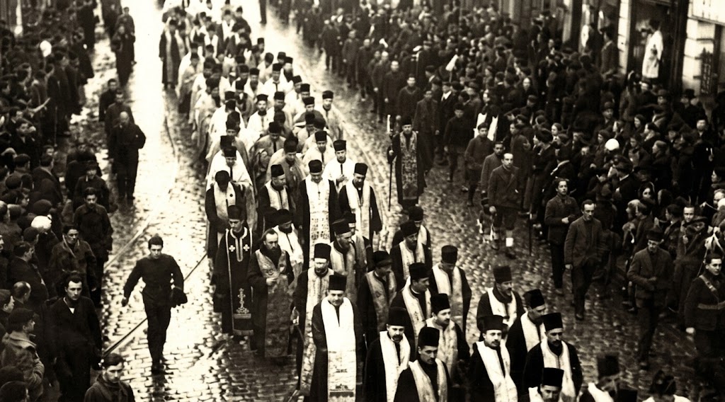 Preoți în procesiune la o manifestație legionară. FOTO: Adevărul